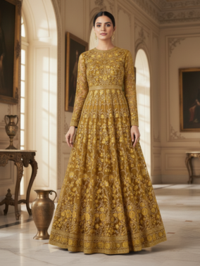 Net Embroidered Anarkali - Gold