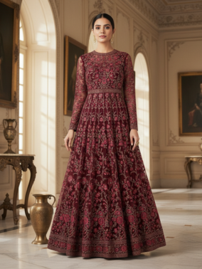 Net Embroidered Anarkali - Maroon