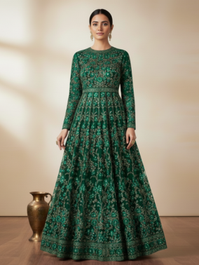 Silk Zari Anarkali - Green