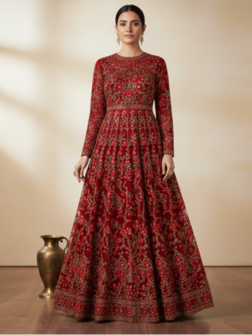 Silk Zari Anarkali - Red